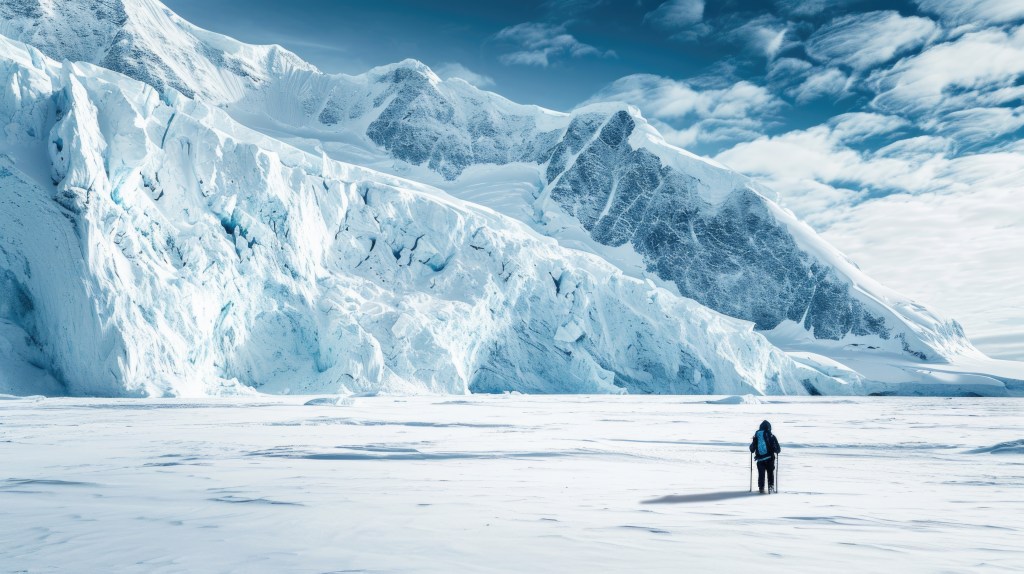 Adventurer hiking through the Arctic wilderness, surrounded by snow and ice, embodying the spirit of exploration