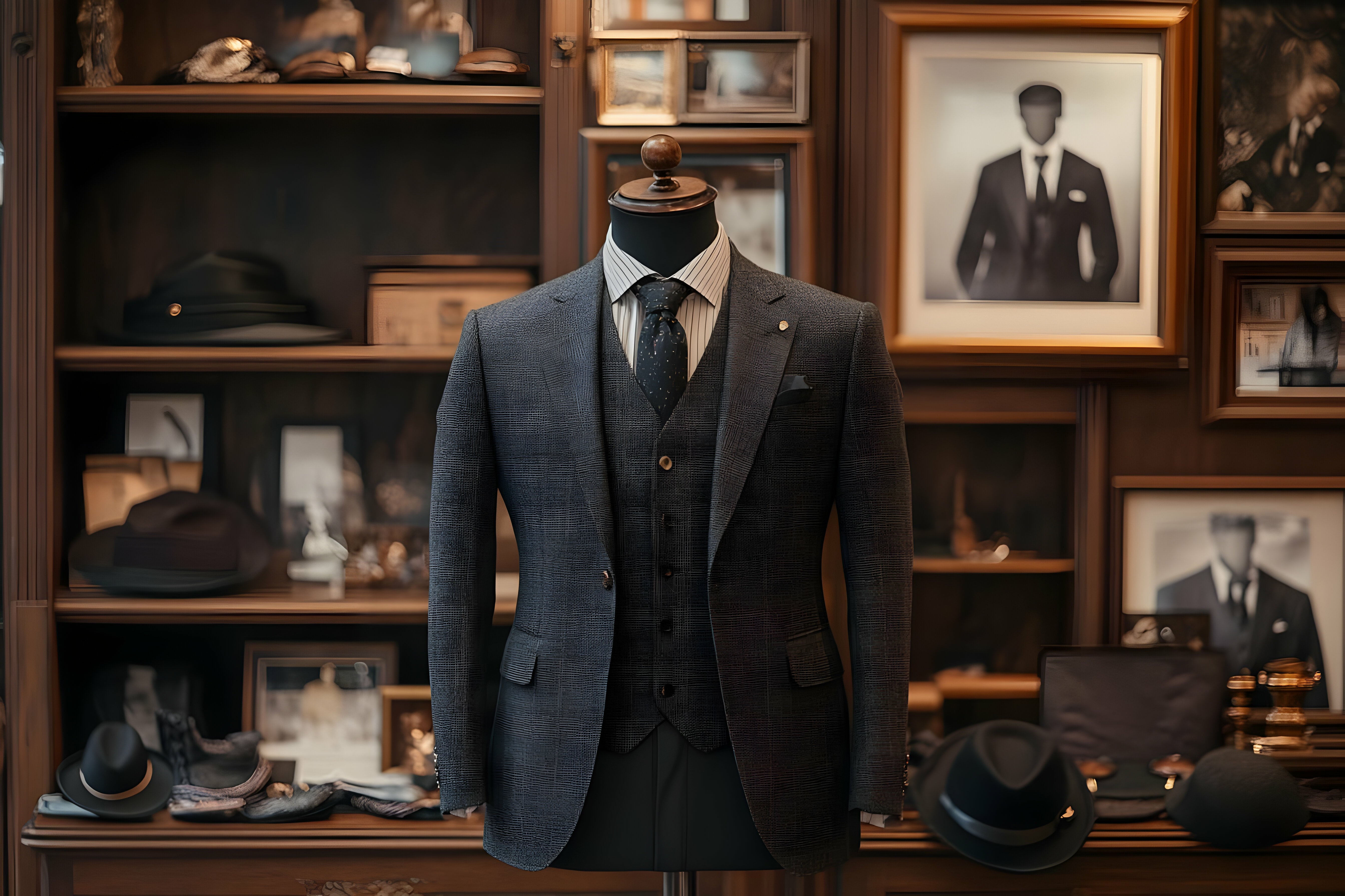 Smart suit displayed on a mannequin in a boutique tailor shop, showcasing luxury craftsmanship and tailored sophistication.