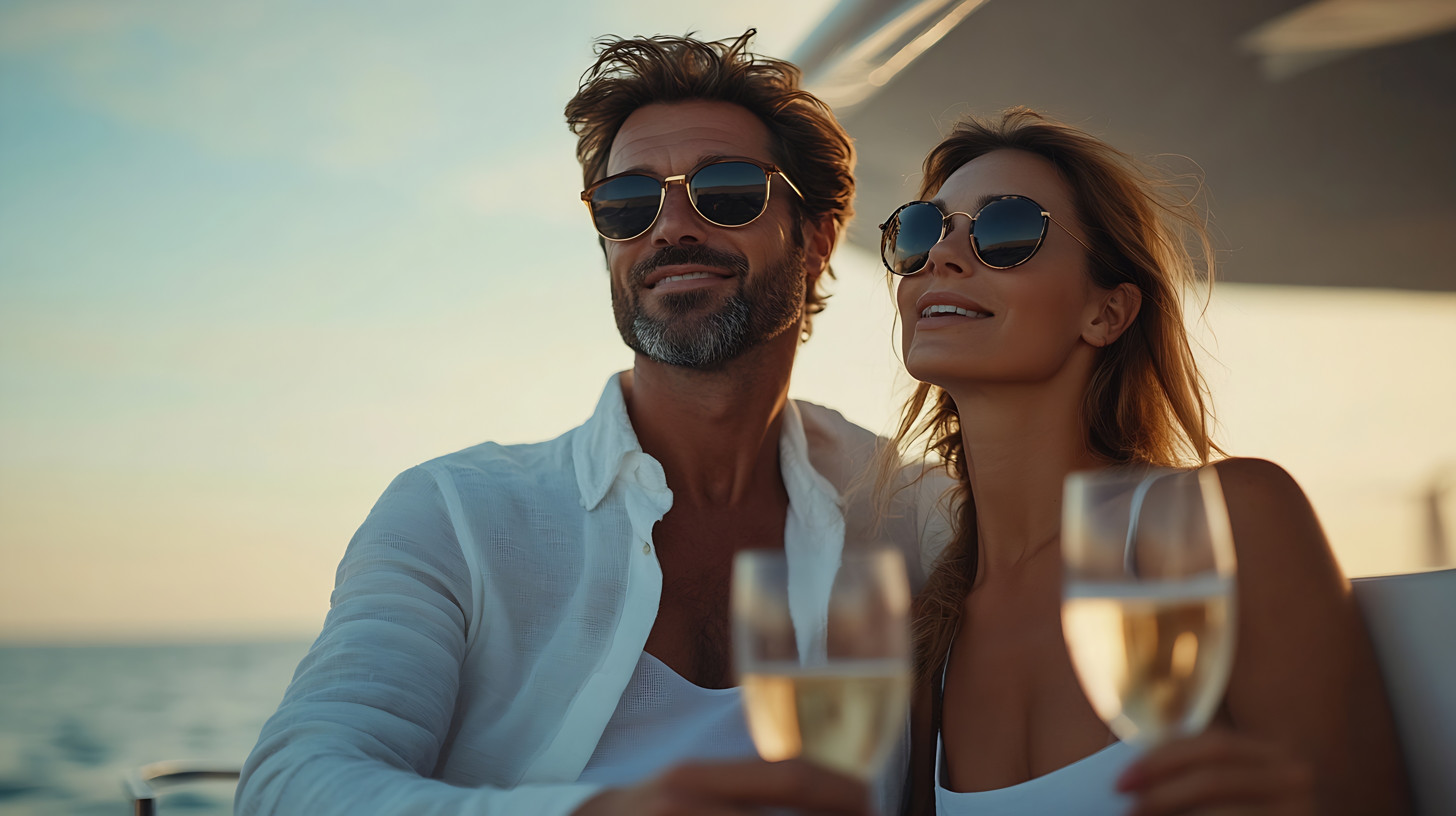 Couple enjoying a luxury outdoor party on a catamaran, sipping champagne and relaxing under the sun.