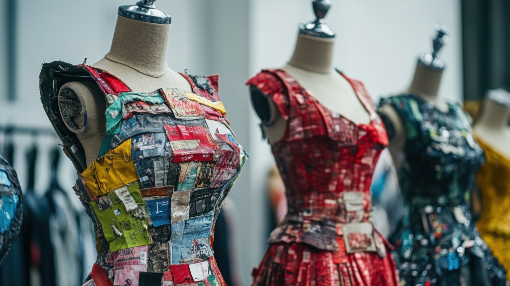 Mannequins showcasing upcycled clothing, promoting sustainable fashion practices and eco-conscious luxury.