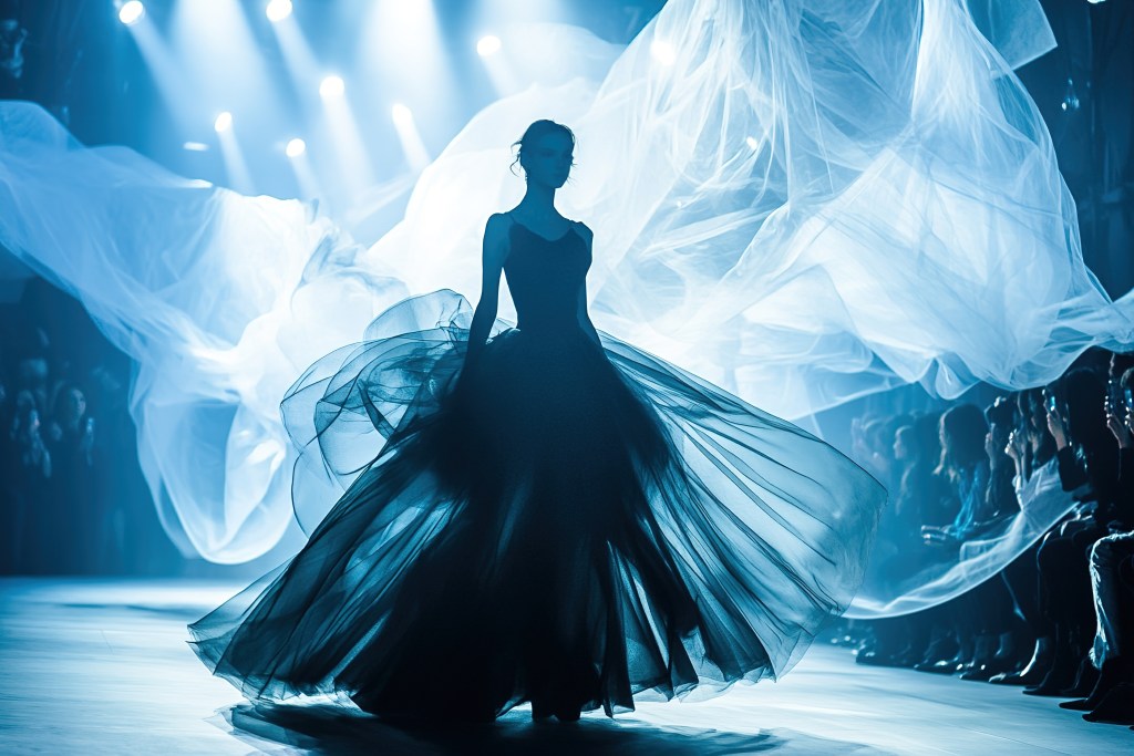 Haute couture model walking on a futuristic runway with avant-garde designs, dramatic lighting, and abstract architecture.
